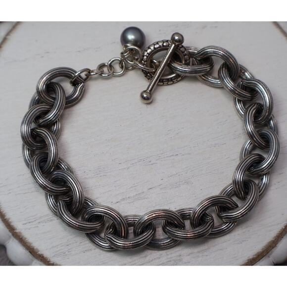 Michael Dawkins 925 Link Bracelet With Gray Pearl 47.5G / 8in/11mm - Picture 3 of 6